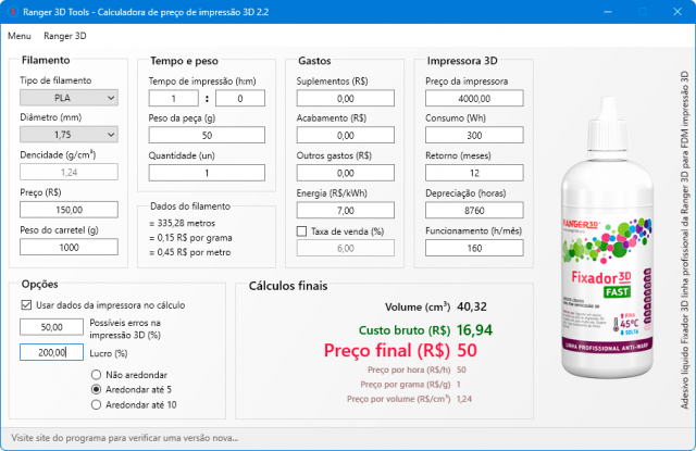 Calculadora de preço de impressão 3D